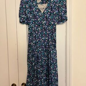 Vintage 90s Karin Stevens Blue and Purple Floral Midi Dress